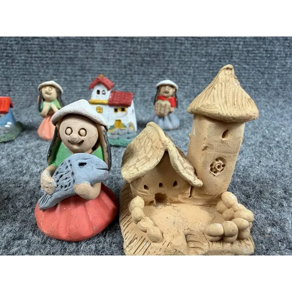 Vintage Handmade Clay Village Figurines Nativity Style Lot